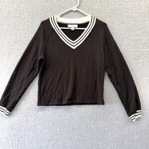 Magaschoni Varsity Sweater Womens Small Black Ivory Deep V Neck Dark Academia
